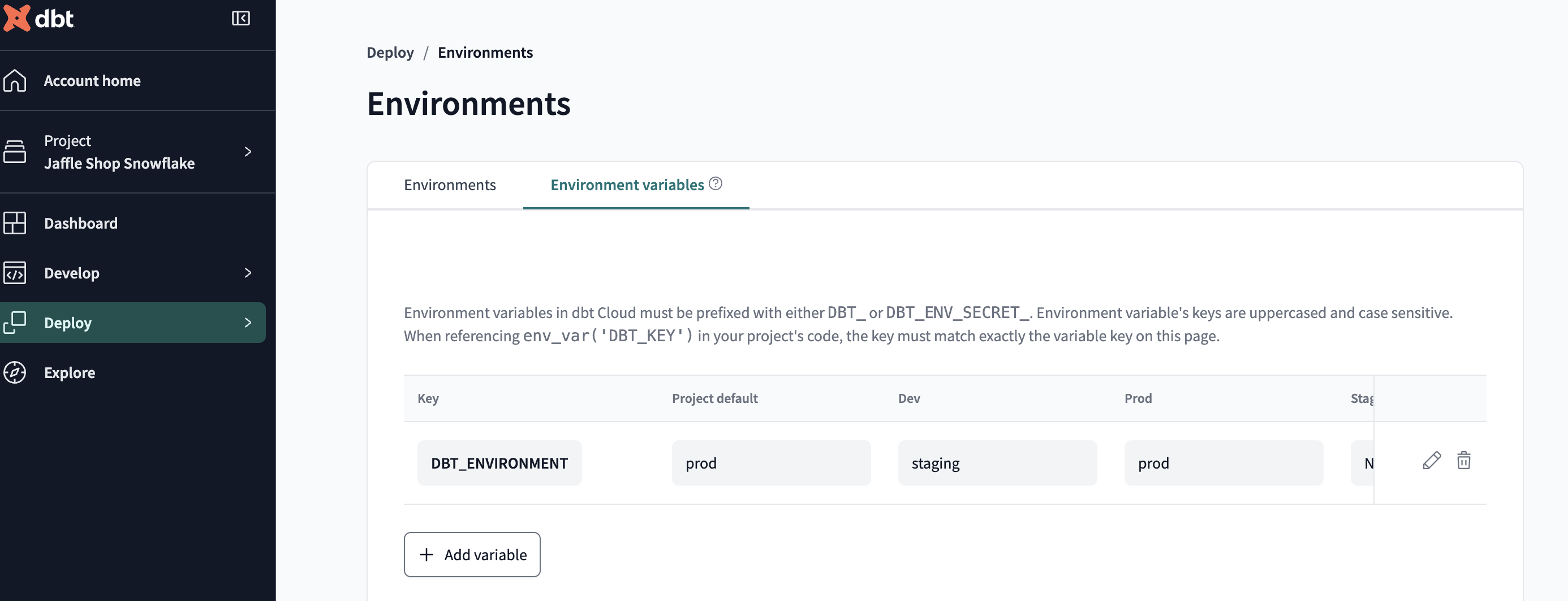 Environment variables tab